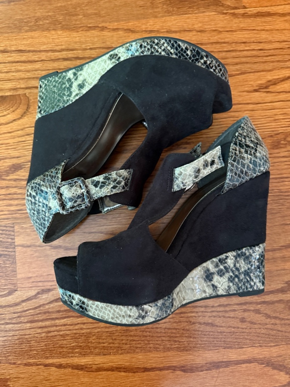 Black Suede & Snakeskin Wedge Sandals - Women
